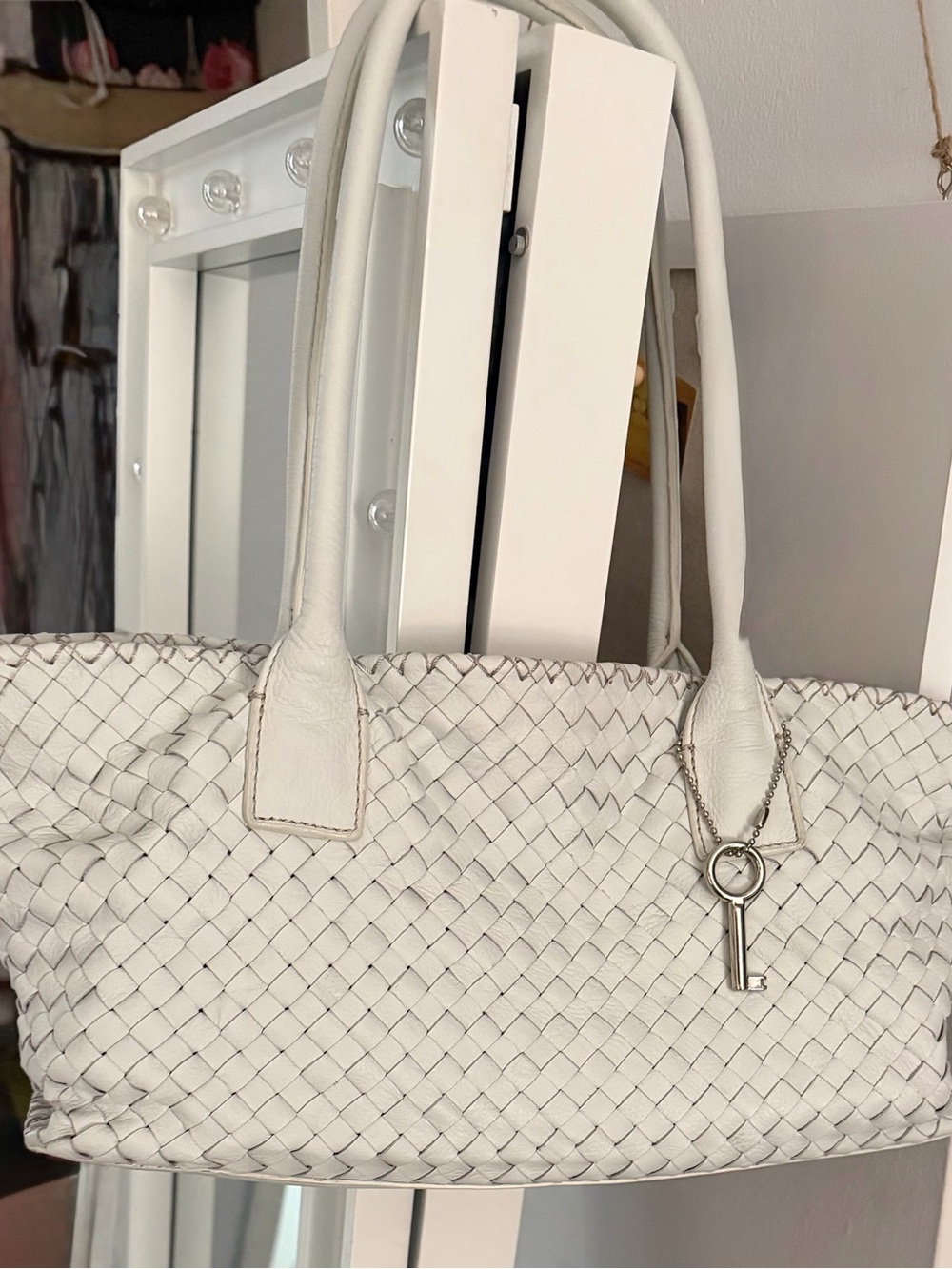 Fossil White Woven Leather Shoulder Tote